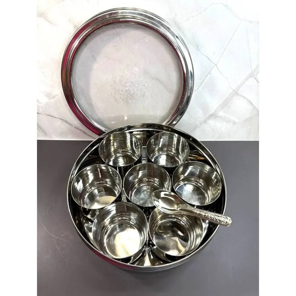 Archit Stainless Steel Indian Masal Dabba Spice Box Seven Spice Cups 1 Spoon